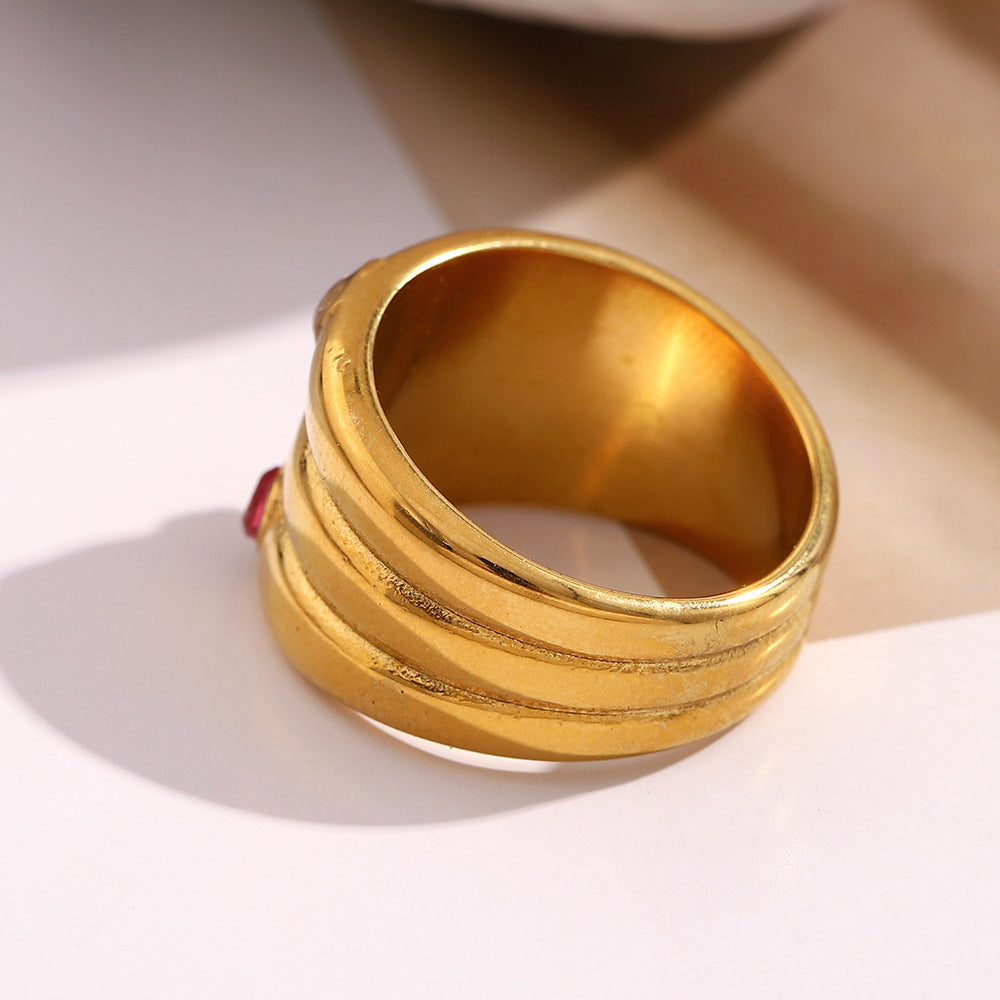 Anello Geometrico Minimalista da Donna in Acciaio Inossidabile con Placcatura in Oro 18K e Tre Zirconi