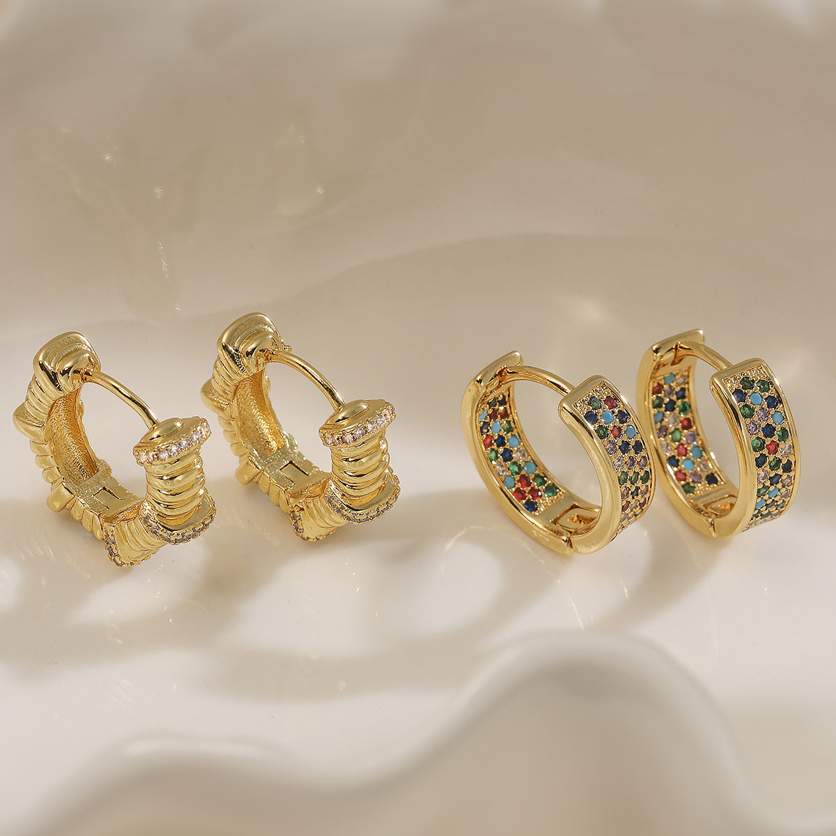 Minimalist Elegant Geometric Gold Plated Brass Hoop Earrings with Cubic Zirconia for Women