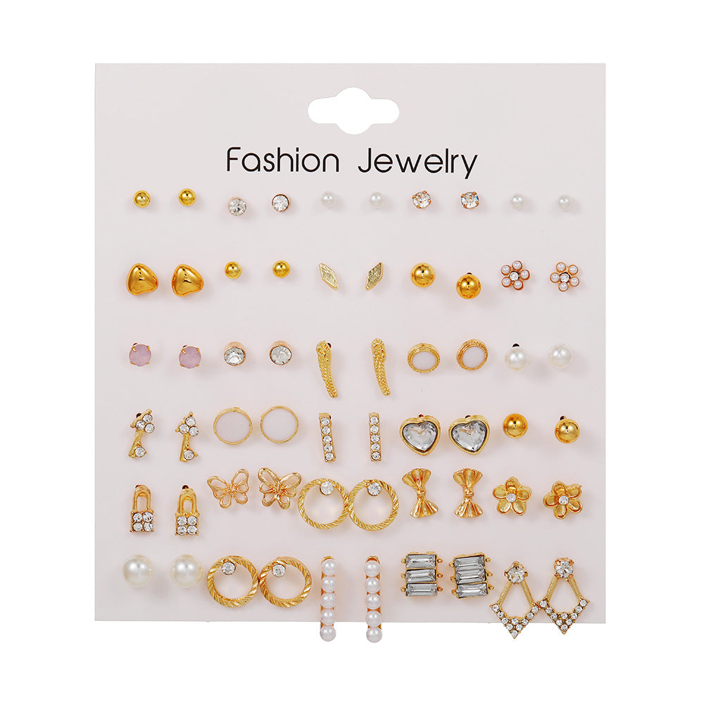 Geometric Asymmetric Micro-inlay Cubic Zirconia and Pearl Titanium Steel Earrings Set with Bow Design