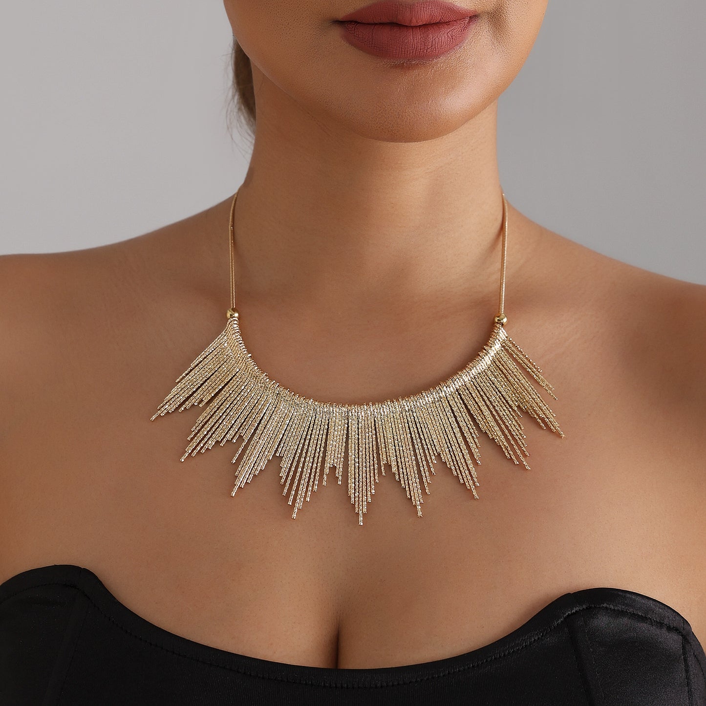 Textured Geometric Alloy Plated Pendant Necklace with Tassel for Women