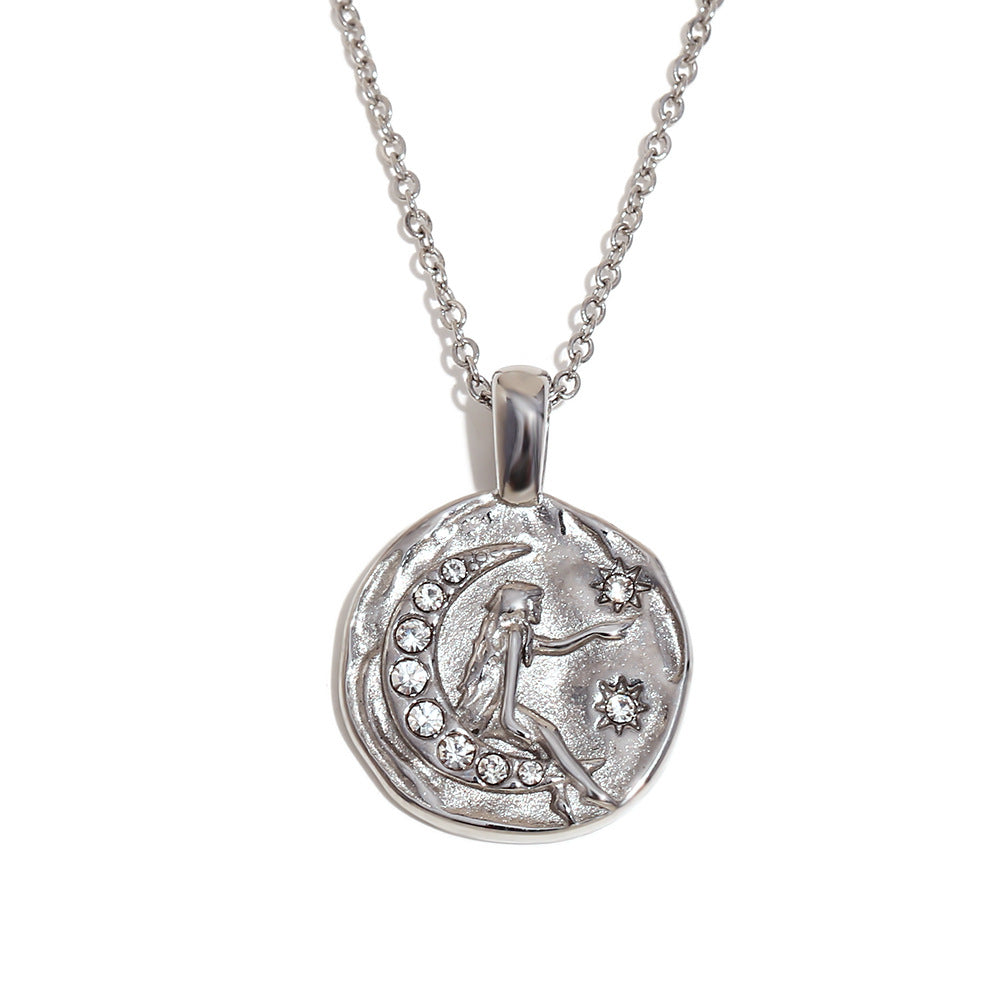 Collana da donna vintage in stile francese con ciondolo geometrico Sole e Luna in acciaio inossidabile placcato oro 18K