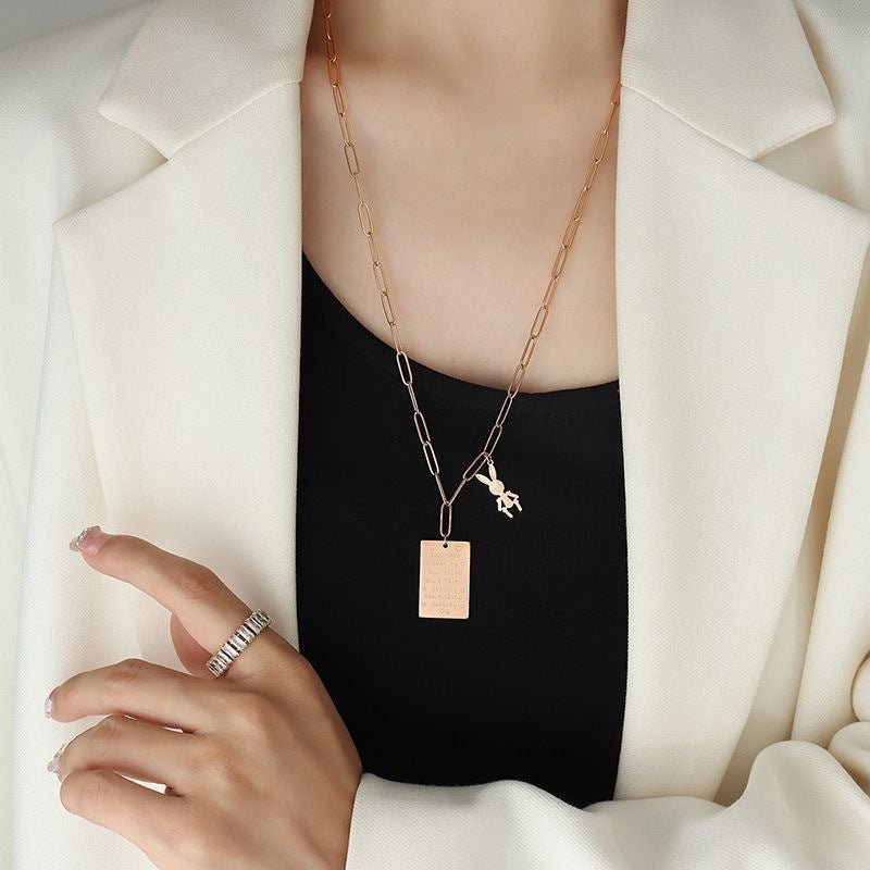Rectangular Letter Rabbit Titanium Steel Plated Pendant Necklace for Unisex