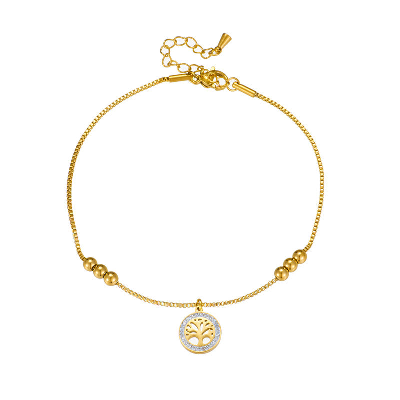 Minimalist Luxury Golden Titanium Steel Tree of Life Anklet with Gold Beads