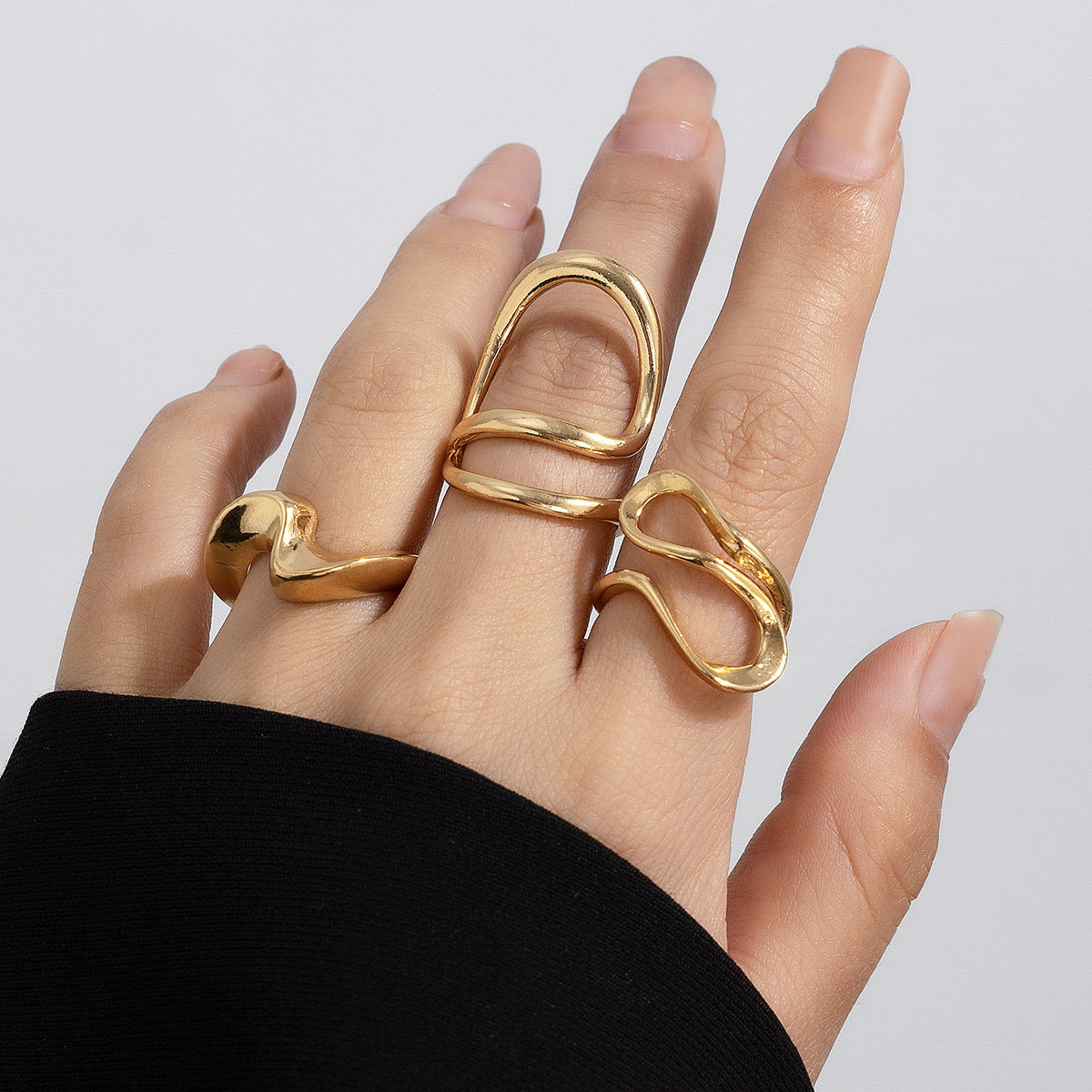 Minimalist Geometric Hollow Liquid-Design Alloy Ring Set with Polished Finish for Women
