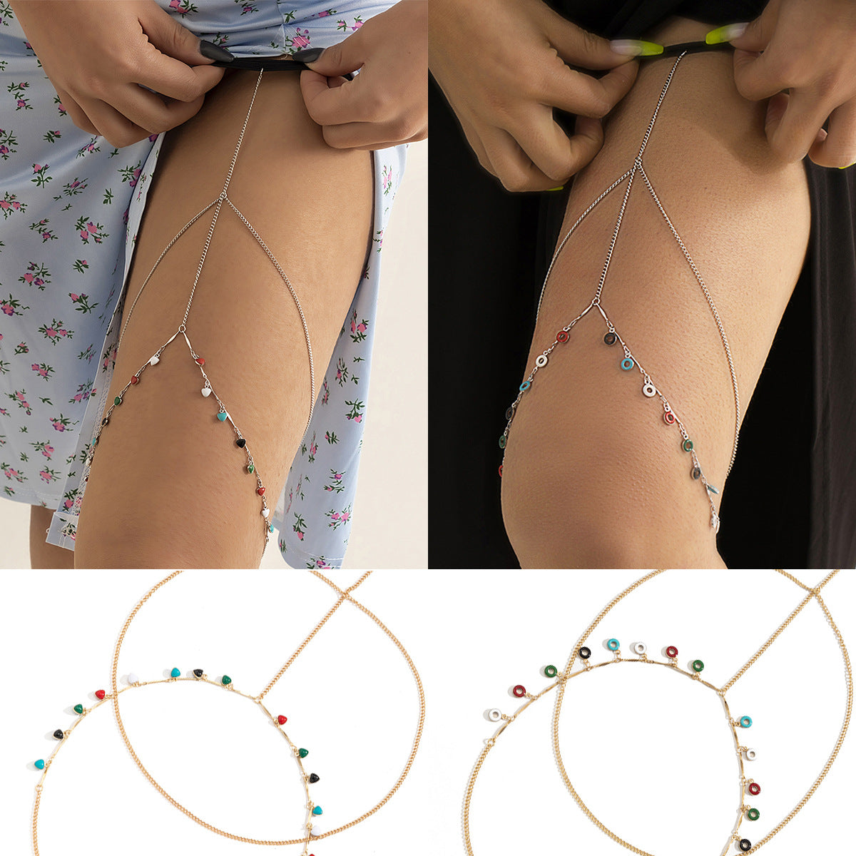 Minimalist Geometric Alloy Anklet for Women with Double-Layer Chains and Fringe Detail
