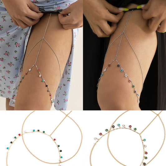 Cavigliera Minimalista Geometrica in Lega da Donna con Catene a Doppio Strato e Dettaglio Frange