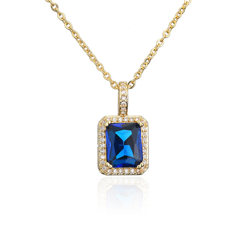 Minimalist Geometric Square Cubic Zirconia Inlay Brass Necklace with Cable Chain for Women