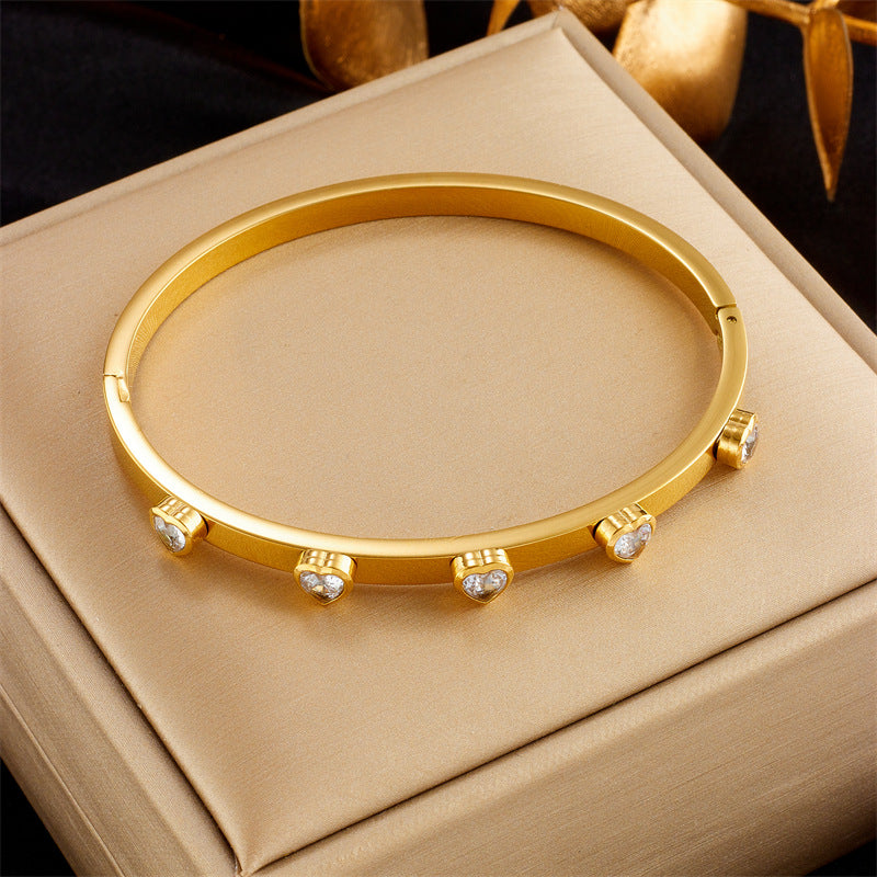 Fashionable Minimalist Heart-Shaped Rhinestone-Embellished Stainless Steel Bracelet with Multi-Layer Snake Chain and Butterfly Charm for Women
