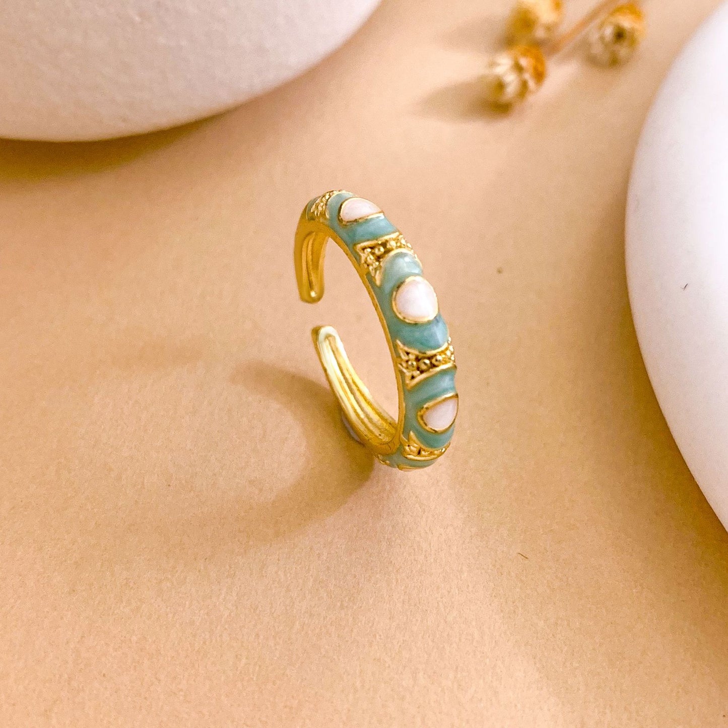 Sweet Minimalist Round Brass Ring with Enamel Evil Eye and Cubic Zirconia Inlay, Gold Plated Adjustable Band for Women