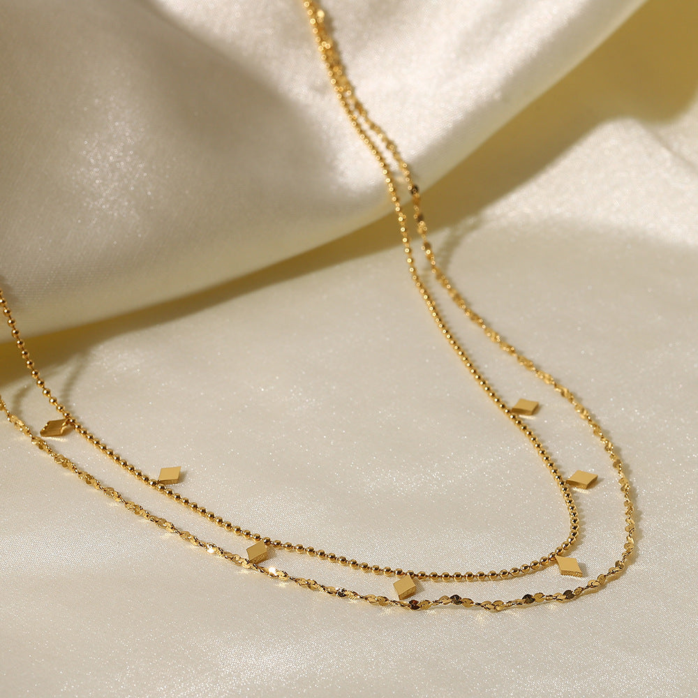 Minimalist INS Style Geometric Pendant Necklace with 18K Gold Plated Stainless Steel Double Layer Tassel Chain for Women