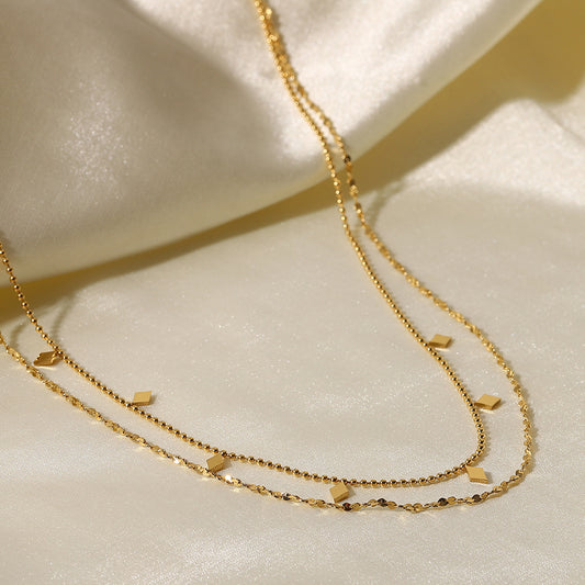 Collar con colgante geométrico de estilo minimalista INS, con cadena de borlas de doble capa de acero inoxidable chapado en oro de 18 quilates para mujer