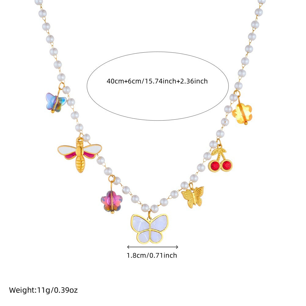 Collana con ciondolo a farfalla e insetto alla moda in acciaio inossidabile con finitura placcata da donna
