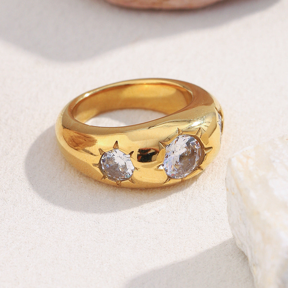 Minimalist Geometric Stainless Steel Ring with 18K Gold Plating and Three Zirconia Stones for Women