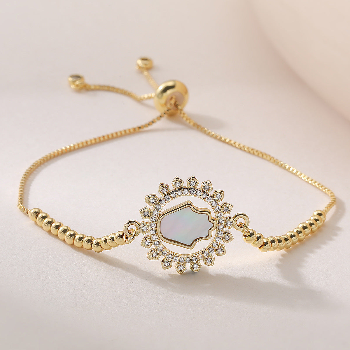 Minimalist 18K Gold Plated Brass Geometric Hand Bracelet with Cubic Zirconia for Women