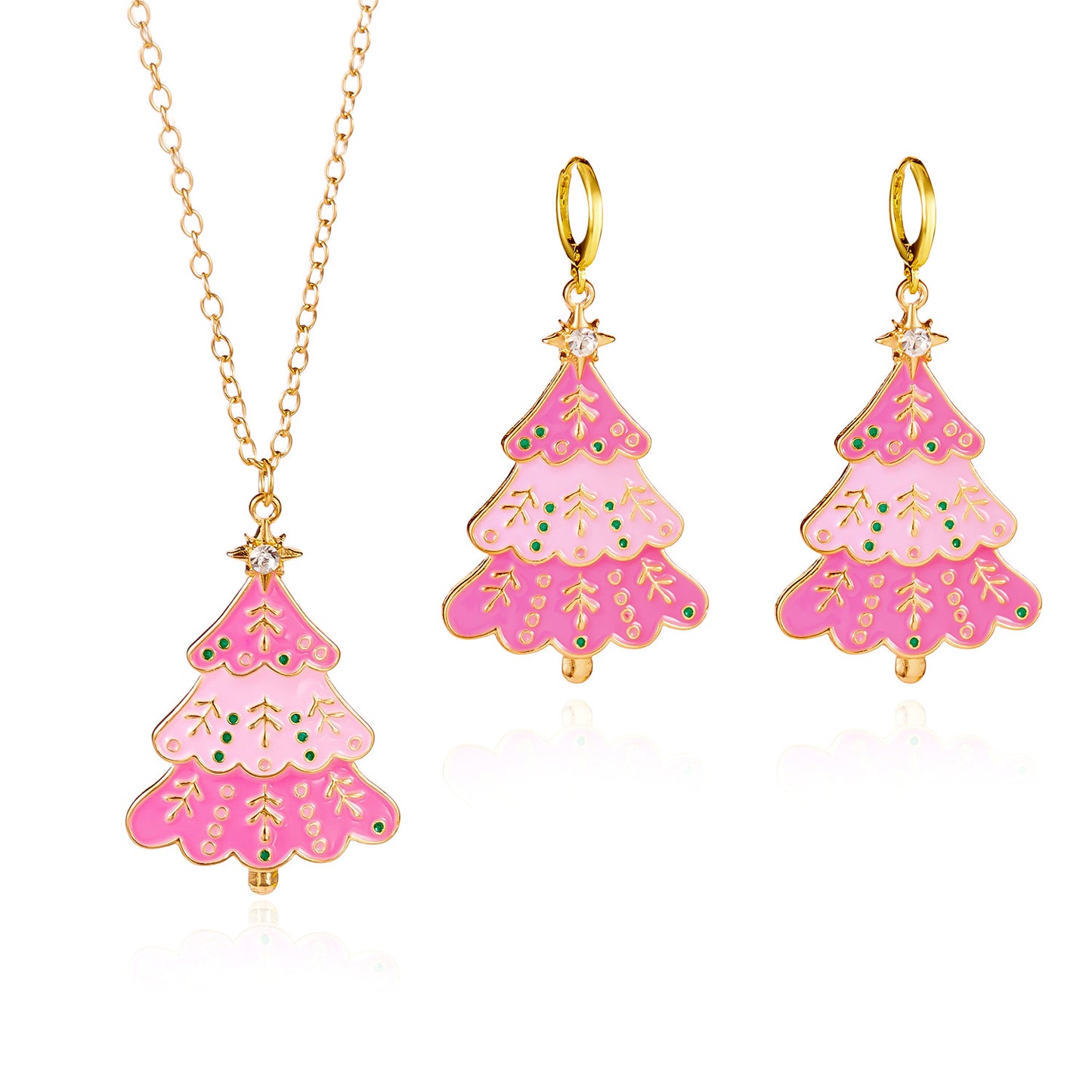 Conjunto de pendientes de muñeco de nieve con temática navideña y collar de árbol de Navidad rosa con diseño calado, aleación de zinc, acabado galvanizado, cadena tipo O, para mujer