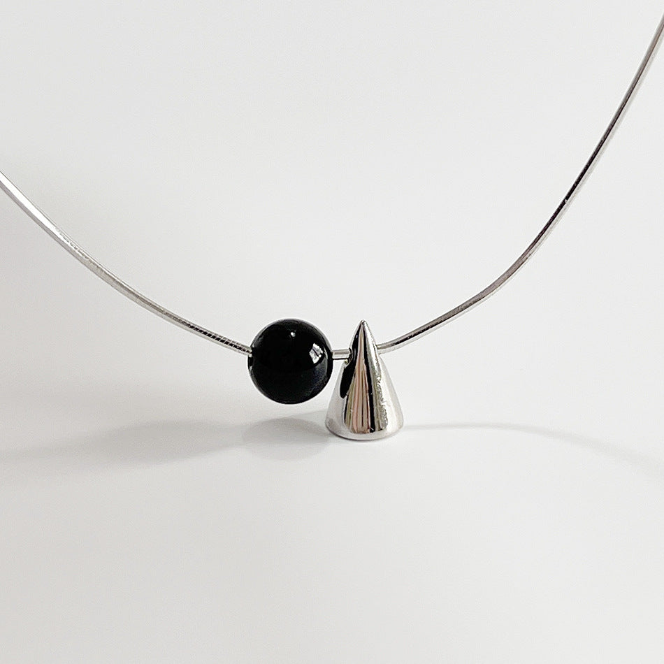 925 Sterling Silver Geometric Pendant Necklace with Black Onyx Inlay Minimalist Fashion Commuter Jewelry