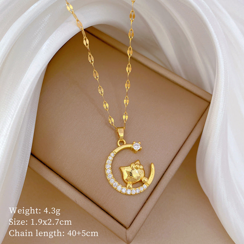 Luxury Minimalist Sweet Geometric Rhinestone Pendant Necklace for Women Titanium Steel O-Chain