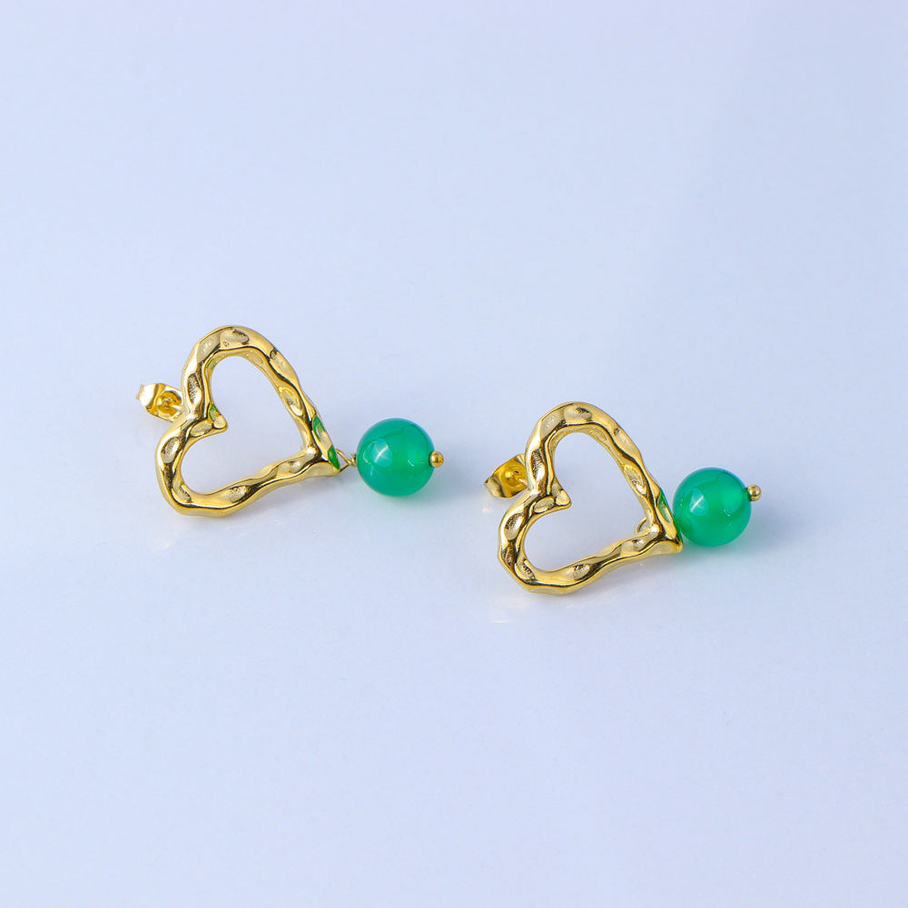 Fashionable Irregular Hollow Heart-Shaped Titanium Steel Earrings with Blue Agate Inlay and 18K Gold Plating for Women