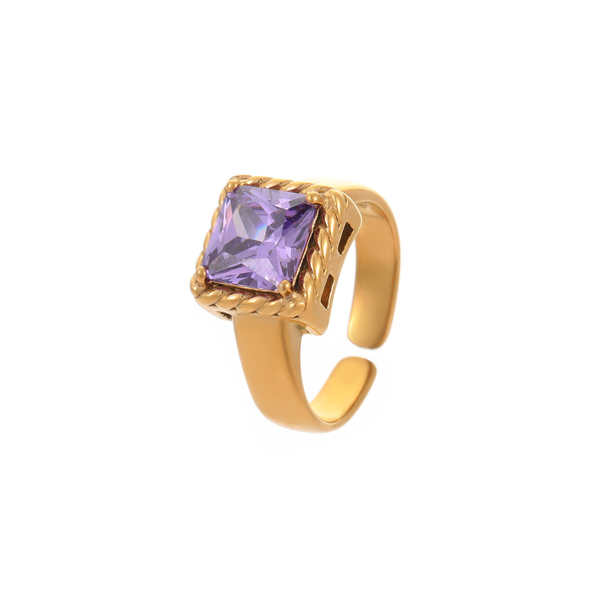 Anillo Abierto Minimalista Geométrico Cuadrado de Circonita de Acero Inoxidable con Baño de Oro de 18K para Mujer