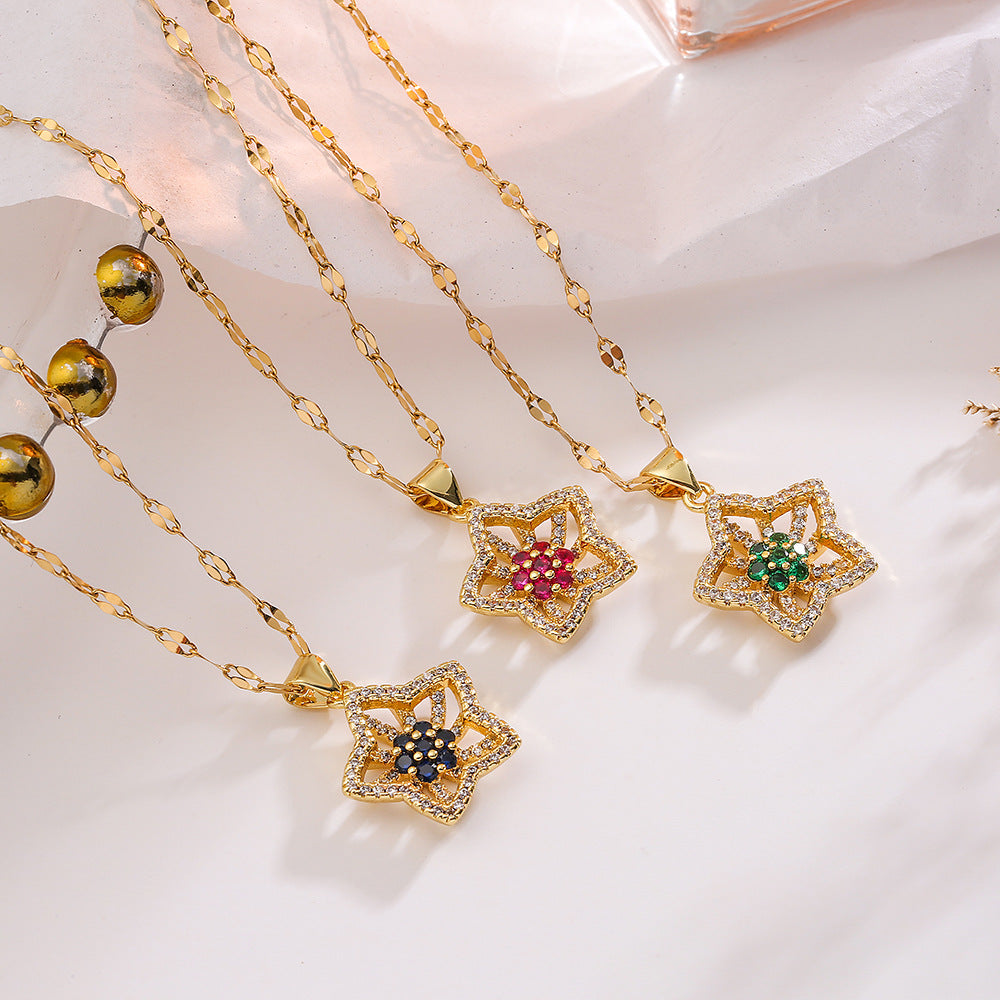 Elegant Floral Pendant Necklace for Women Made of Brass with Real Gold Plating and Zircon Accents