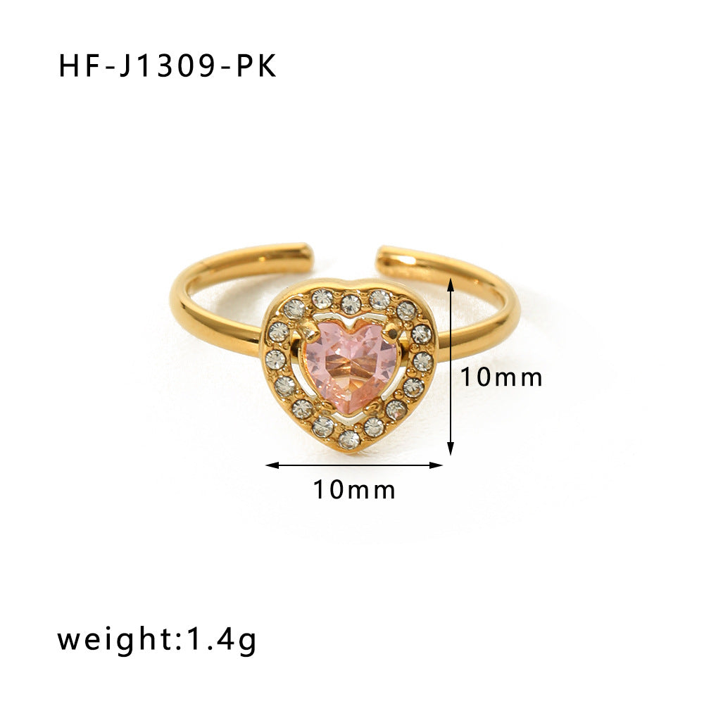 Vintage Stainless Steel Heart-Shaped Geometric Ring with Zircon Inlay and 18K Vacuum Plating for Women