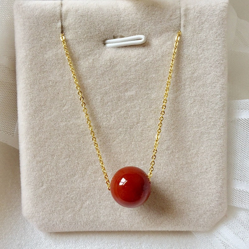 Minimalist Red Agate Plant Shape Gold Plated Brass Pendant Titanium Steel Cable Chain Necklace