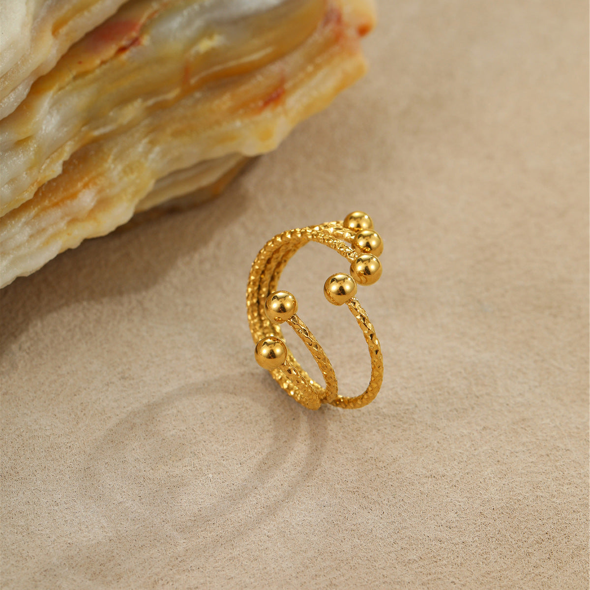 Fashionable Geometric Stainless Steel Bracelet and Titanium Steel Ring with 18K Gold Plating, Engraved Detail, Non-Fading Hand Jewelry for Women