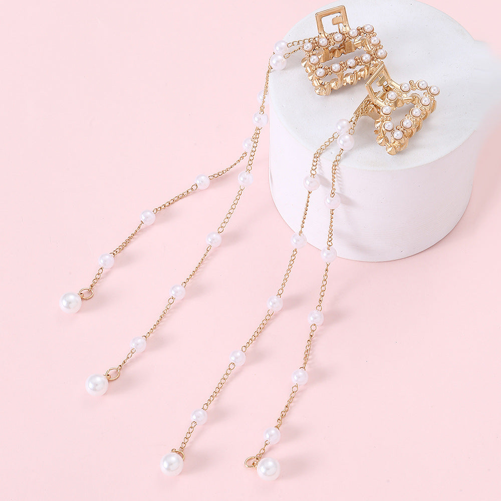 Sweet Elegant Asymmetrical Pearl Hair Clip with Tassel Metallic Hair Accessory for Girls
