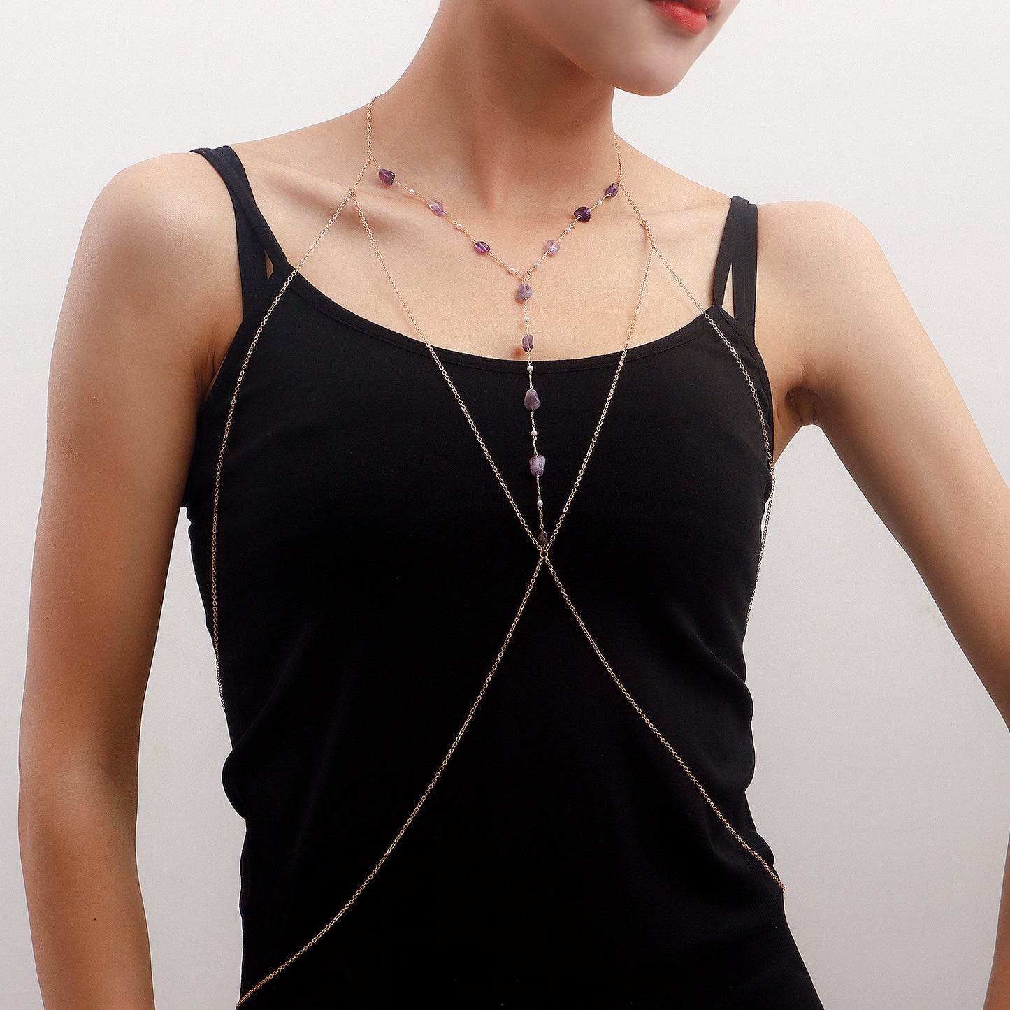 Collana a catena da corpo in turchese e viola minimalista da donna in lega placcata con finitura lucida