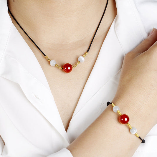 Original Design Geometric Agate Necklace for Women with Red Agate Beads Adjustable Rope Chain Chinese Style Clavicle Necklace