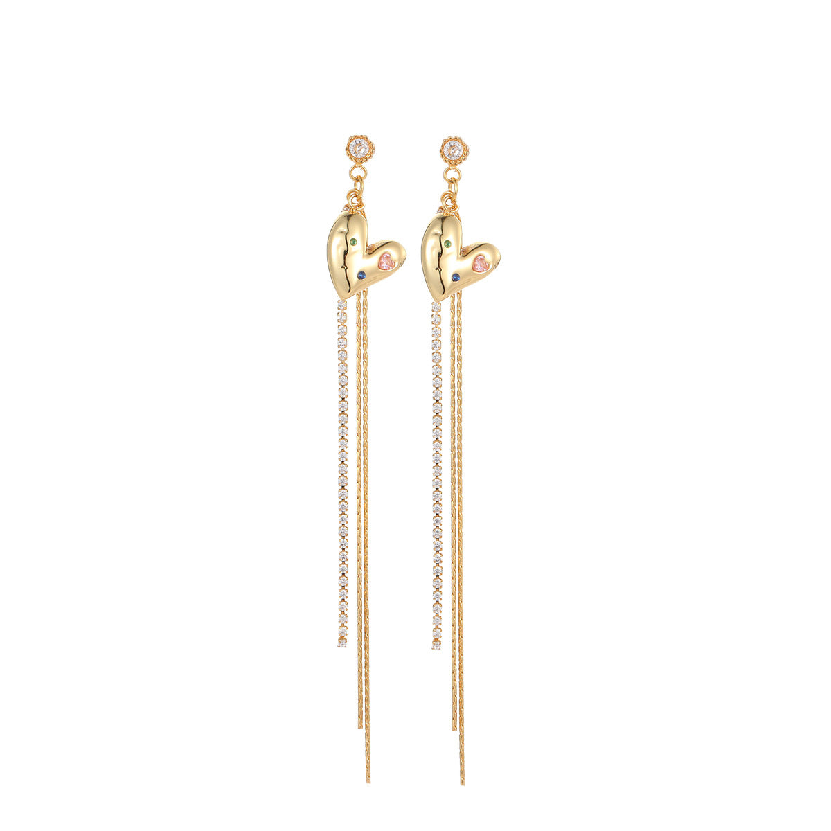 Orecchini pendenti da donna alla moda asimmetrici a forma di cuore con zircone in acciaio inossidabile e finitura galvanica