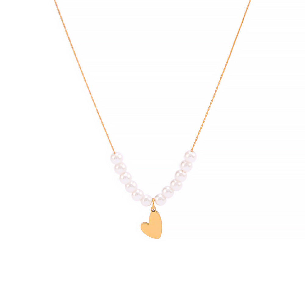 Minimalist Pearl Heart Pendant Necklace in Titanium Steel with 18K Vacuum Plated Finish for Women