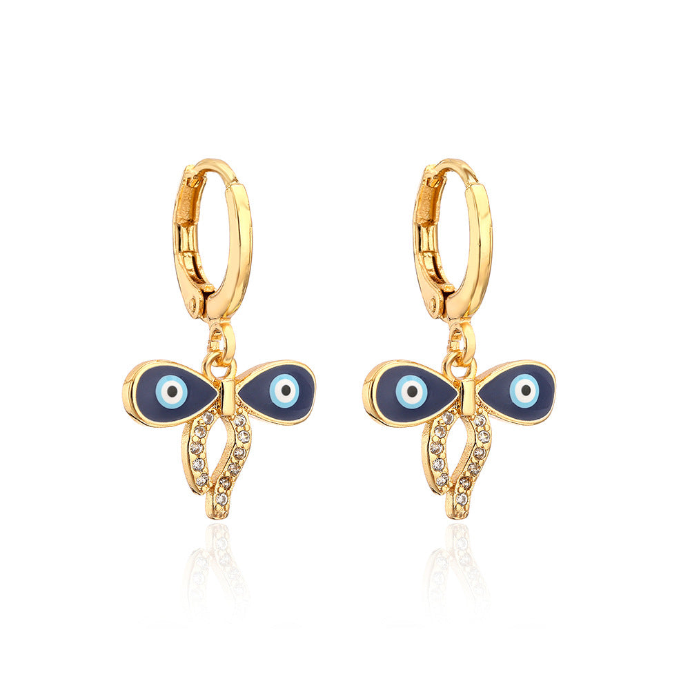 Geometric Demon Eye Earrings for Women with Copper Base Plated in 18K Gold and Enamel-Set Zirconia