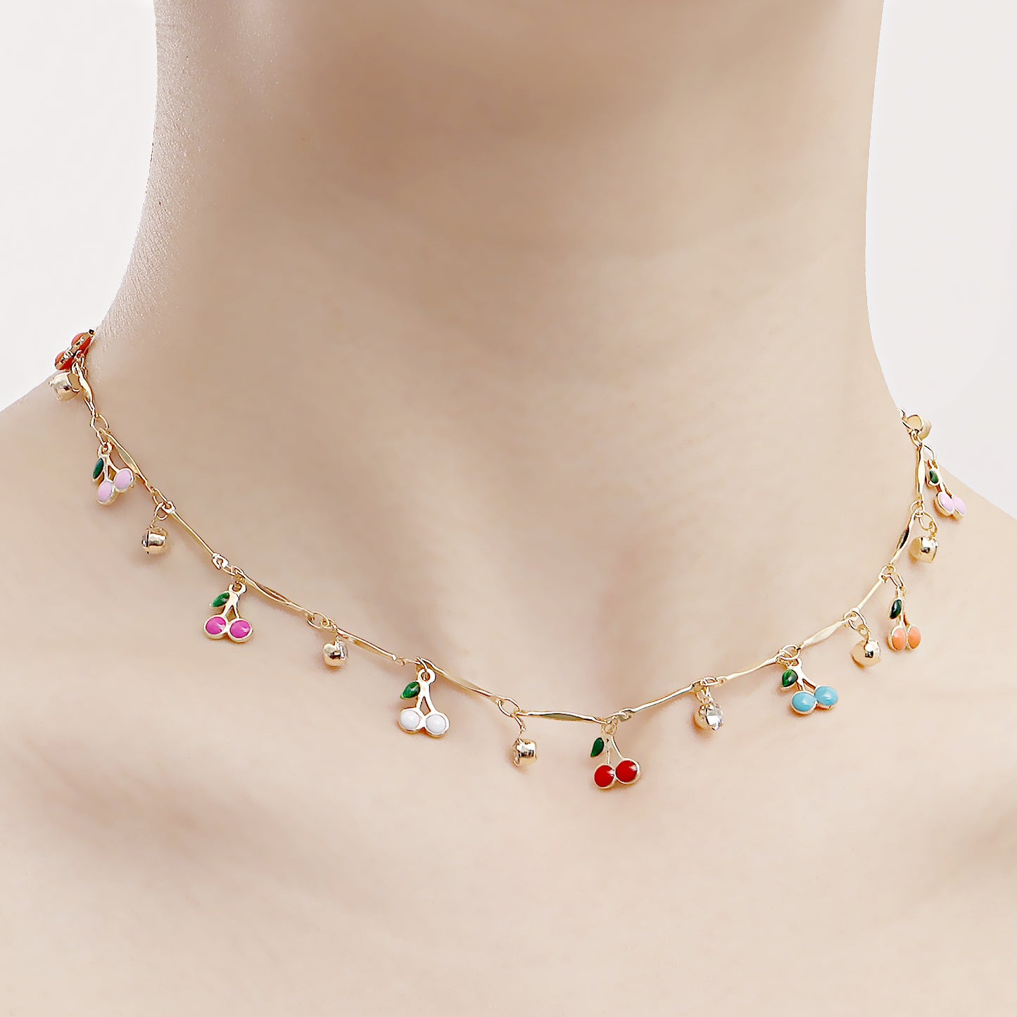Colorful Enamel Cherry Zircon Pendant Necklace for Women with Geometric Design in Alloy with Plating Finish