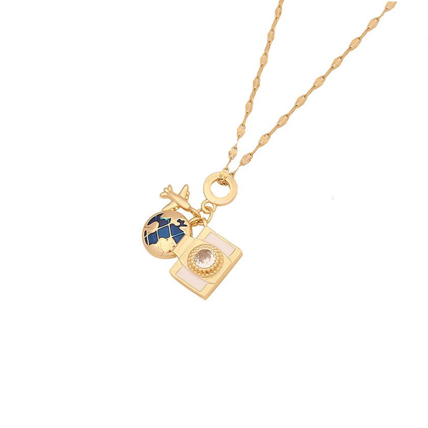 Fashionable Heart-Shaped Enamel Airplane Earth Camera Pendant Necklace in Copper for Women