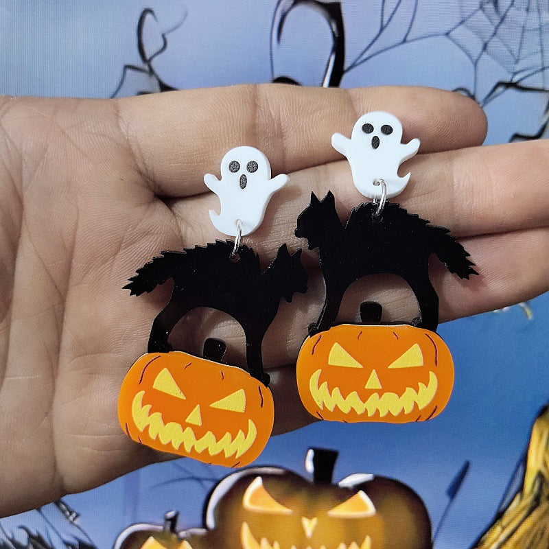 Orecchini a perno in acrilico unisex a forma di fantasma, zucca e pipistrello di Halloween, con design a cartone animato e stampa avocado