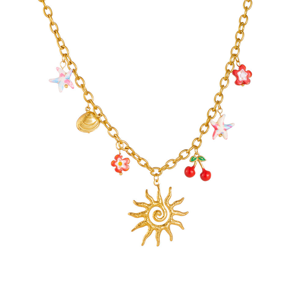 Gold Plated Drip Oil Floral Star Fruit Stainless Steel Cable Chain Necklace for Women