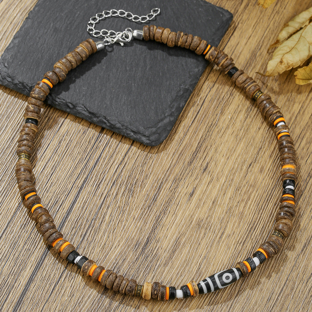 Vintage Geometric Round Stainless Steel Wood Bead Necklace Unisex Cable Chain