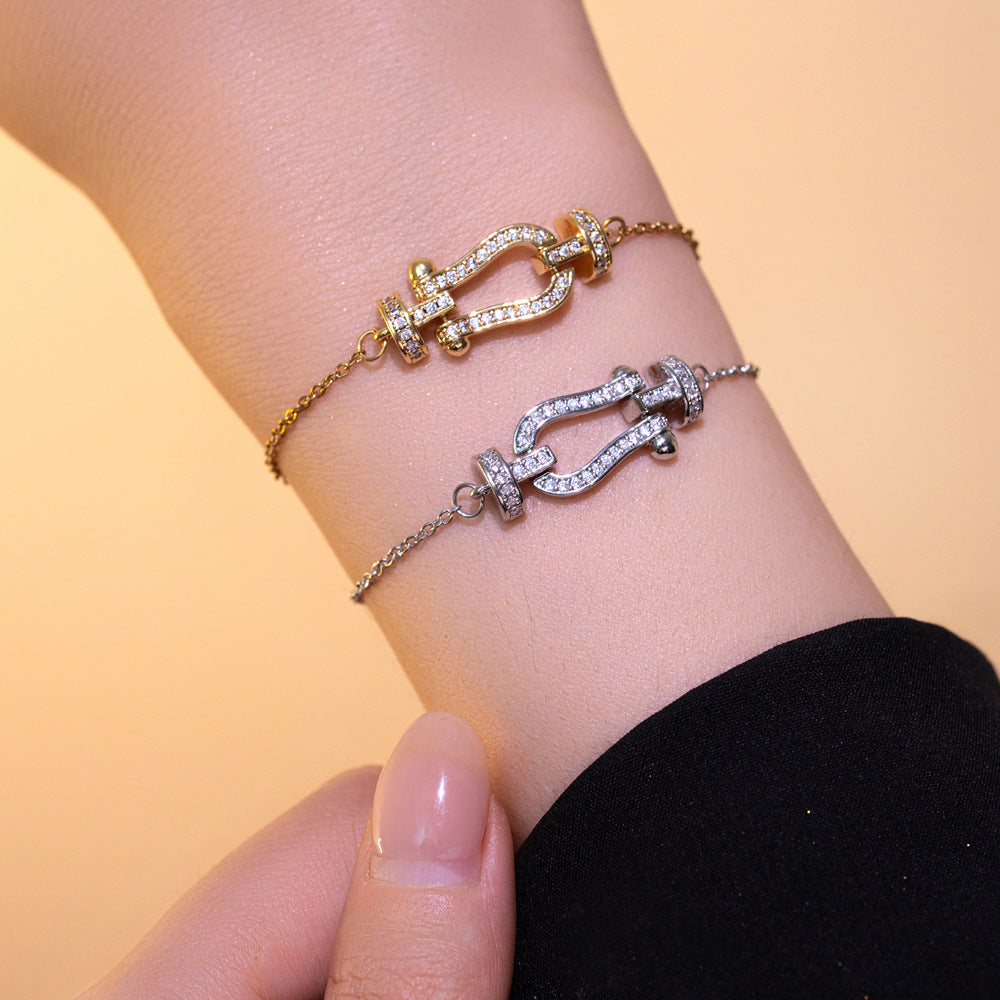 Minimalist U-Shaped Titanium Steel Plated Bracelet for Women with Micro-Pavé Rhinestone Accents and Letter Design