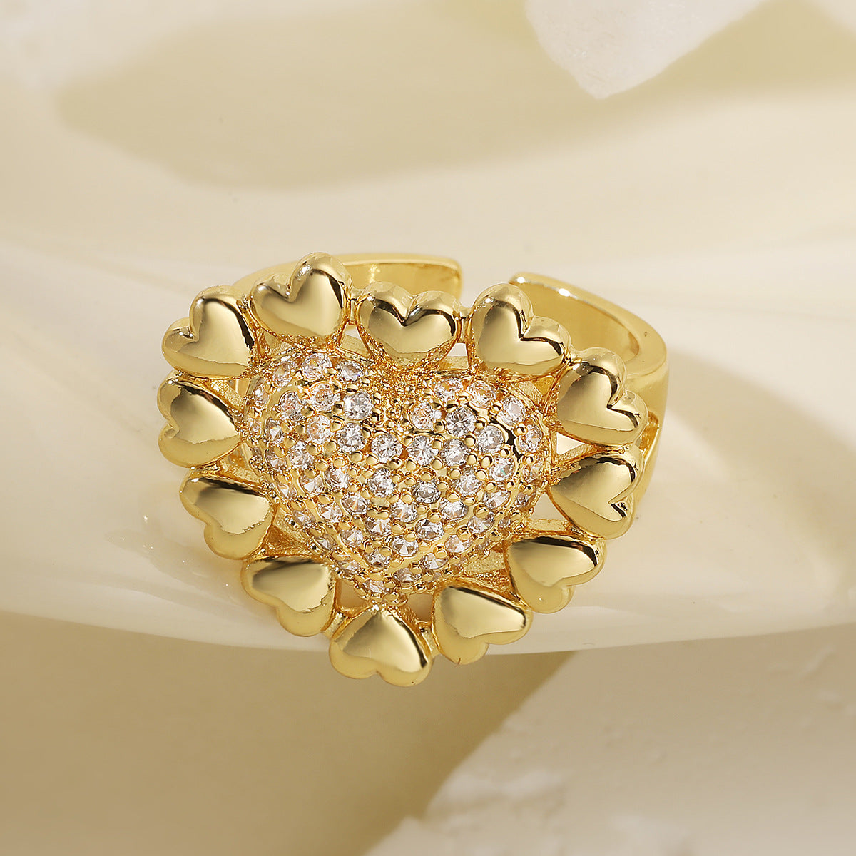 Minimalist 18K Gold Plated Brass Heart Ring with Cubic Zirconia for Women