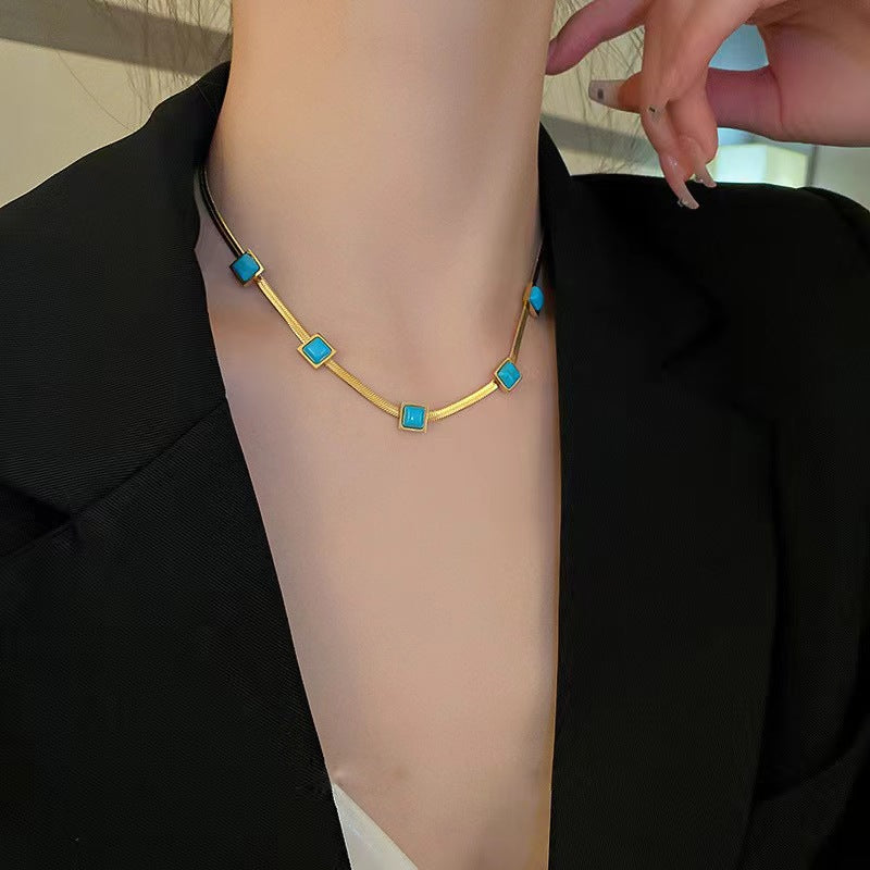 Bohemian Geometric Turquoise Square Pendant Necklace for Women Titanium Steel Snake Chain with Gold Plating