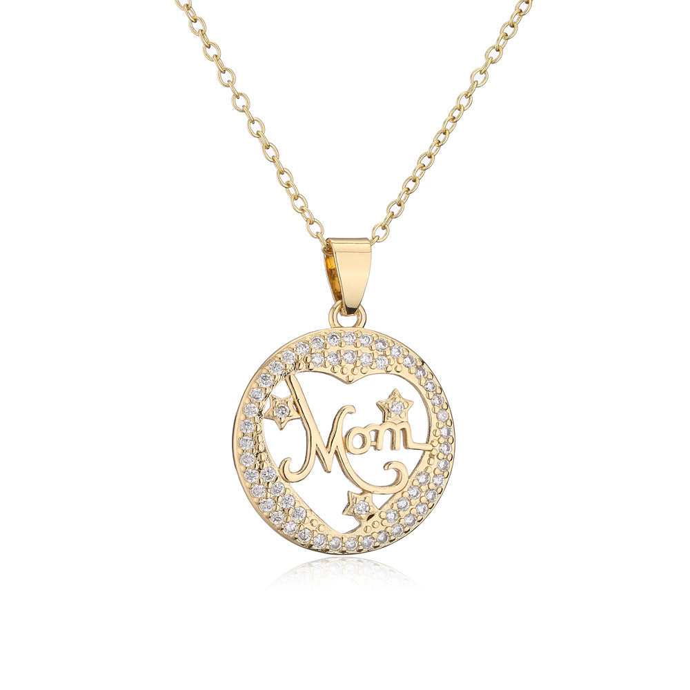 Minimalist MOM Pendant Necklace in Copper with 18K Gold Plating and Zircon Inlay for Women