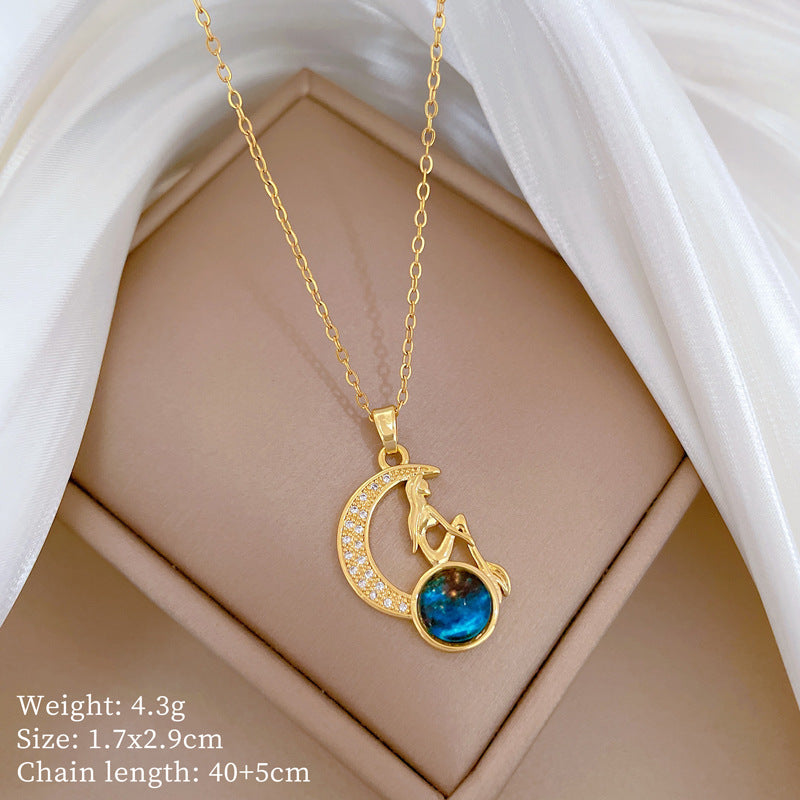 Collar minimalista con colgante de luna creciente y estrella de acero de titanio con circonitas cúbicas para mujer y hombre