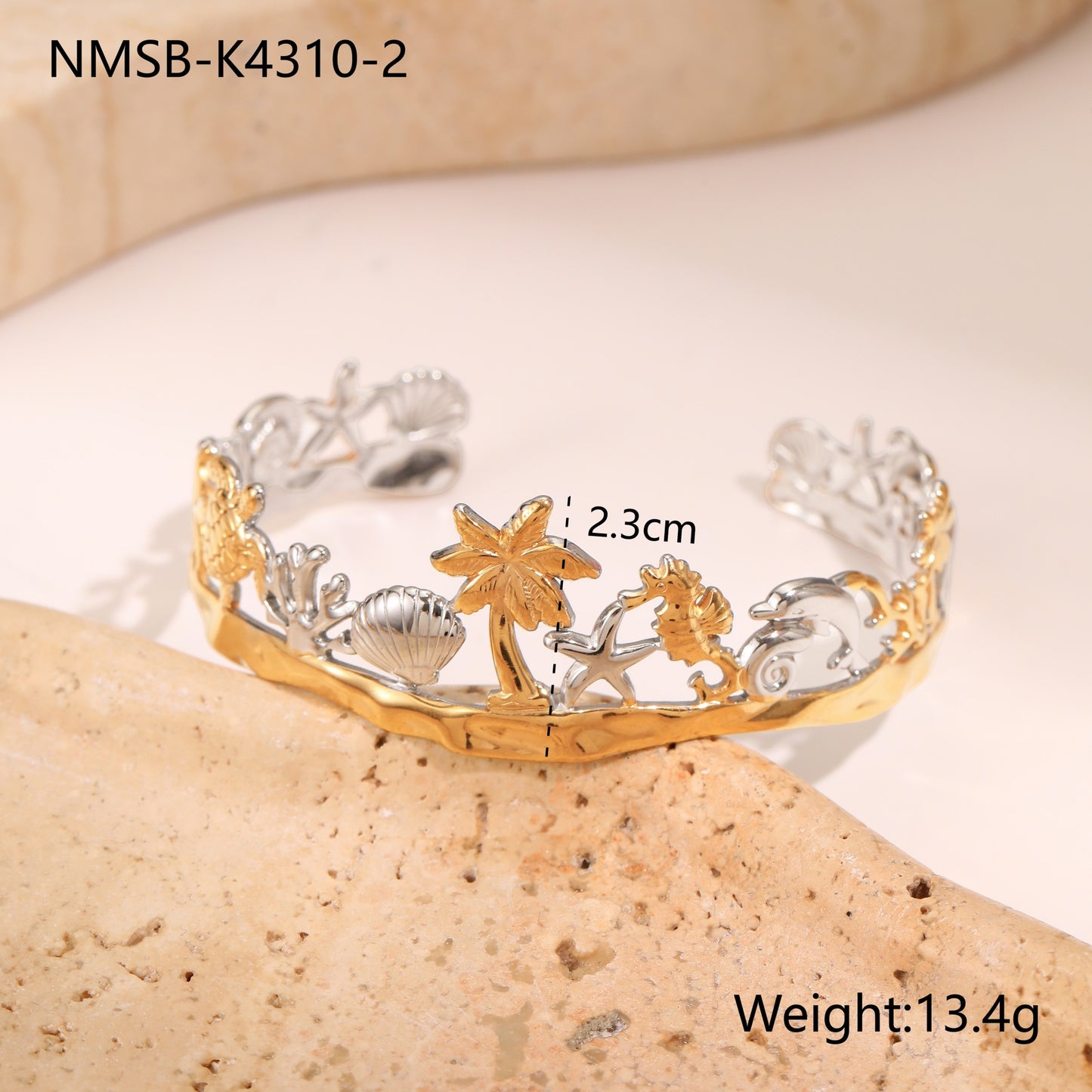 Anillo de perlas de lujo con temática de sirena y océano en acero inoxidable con baño de oro y banda abierta ajustable para mujer