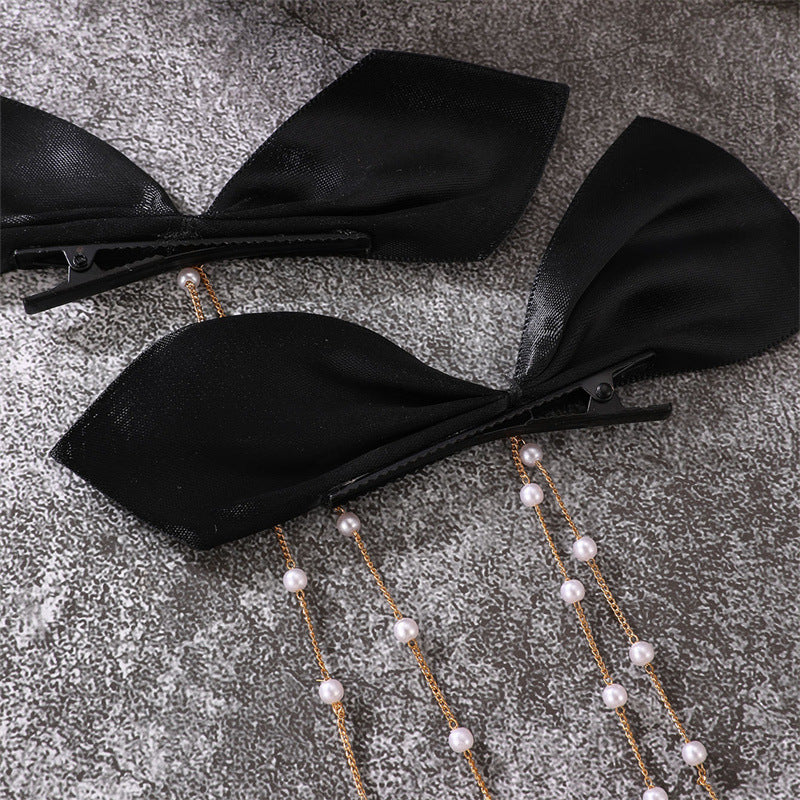 Natural Style Bow-Shaped Hair Clip for Girls with Tassel and Pearl Accents, Resin Plastic Duckbill Clamp for Halloween and Everyday Wear