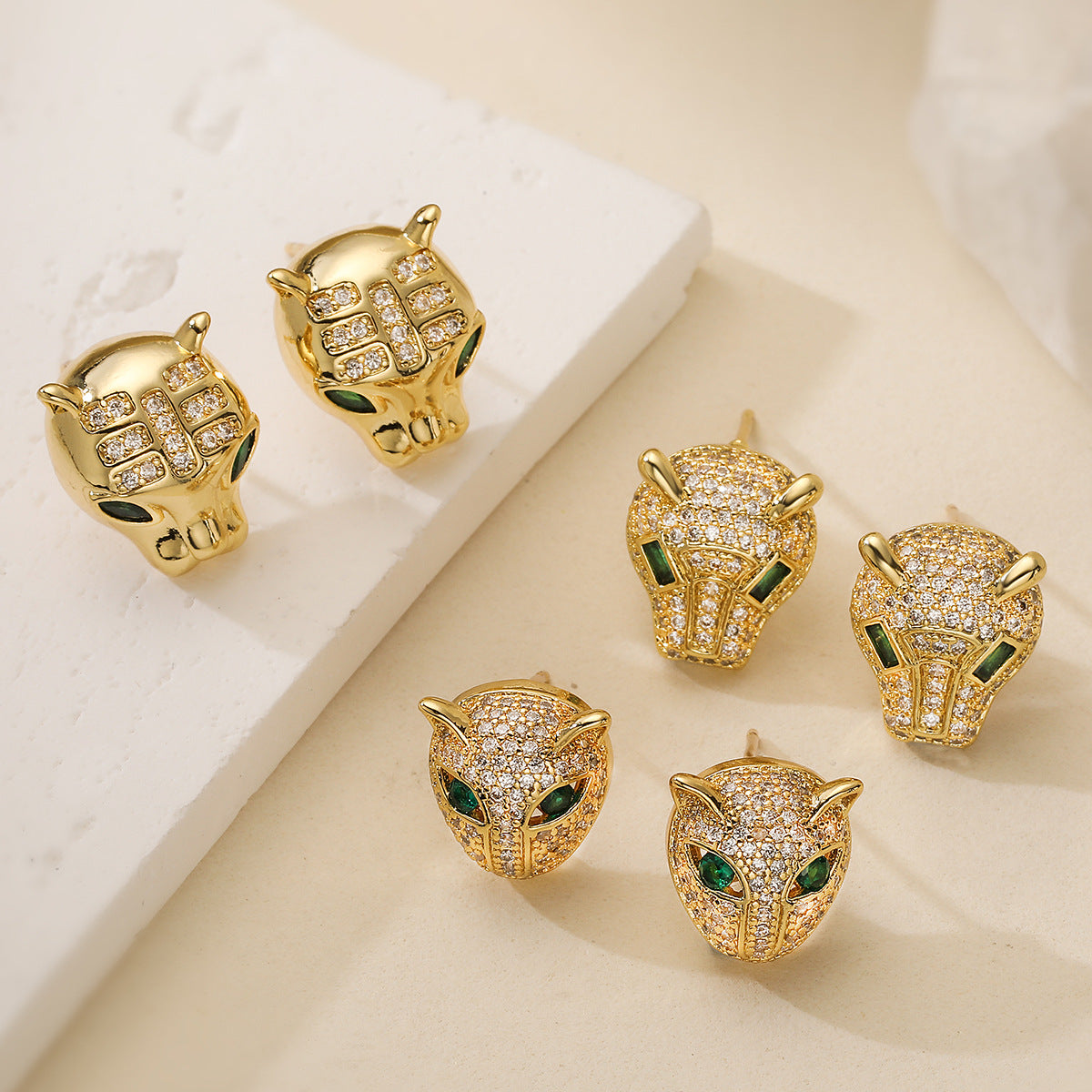 Minimalist 18K Gold Plated Brass Geometric Leopard Head Stud Earrings with Cubic Zirconia for Women