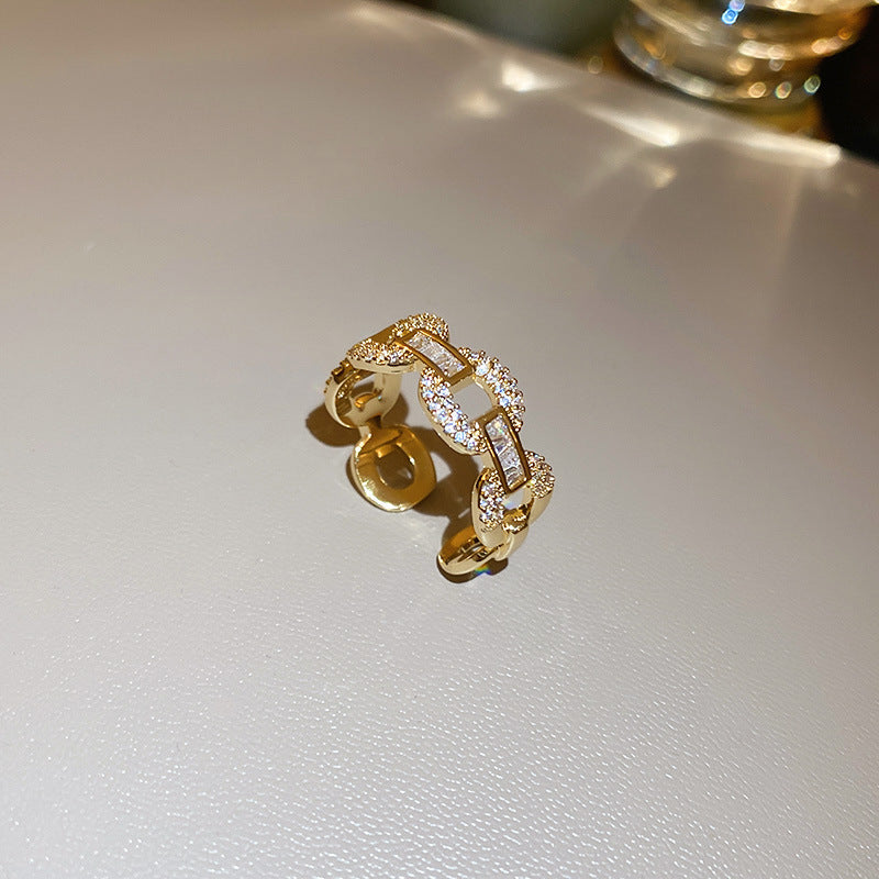 Anello regolabile da donna in zirconi quadrati con geometria in stile vintage, in rame con estetica retrò artistica