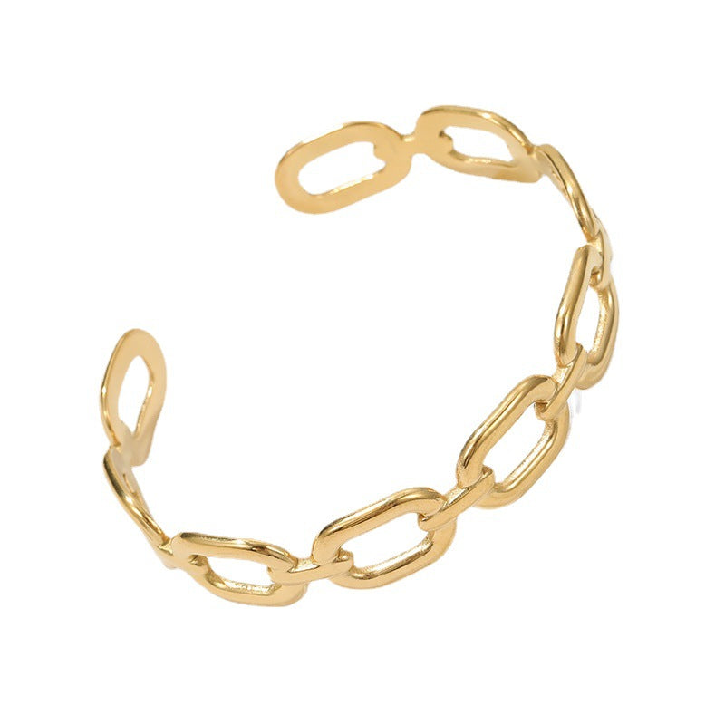 Minimalist Titanium Steel Open Bangle Bracelet for Women with Plated Finish and Chain Detail