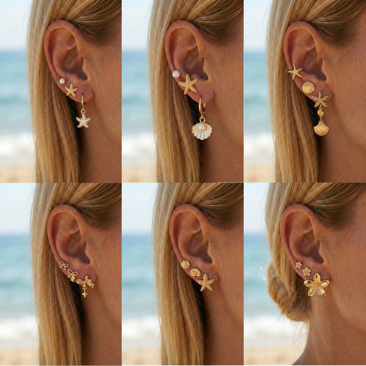 Elegant Alloy Starfish and Pearl Stud Earrings with Shell Elements