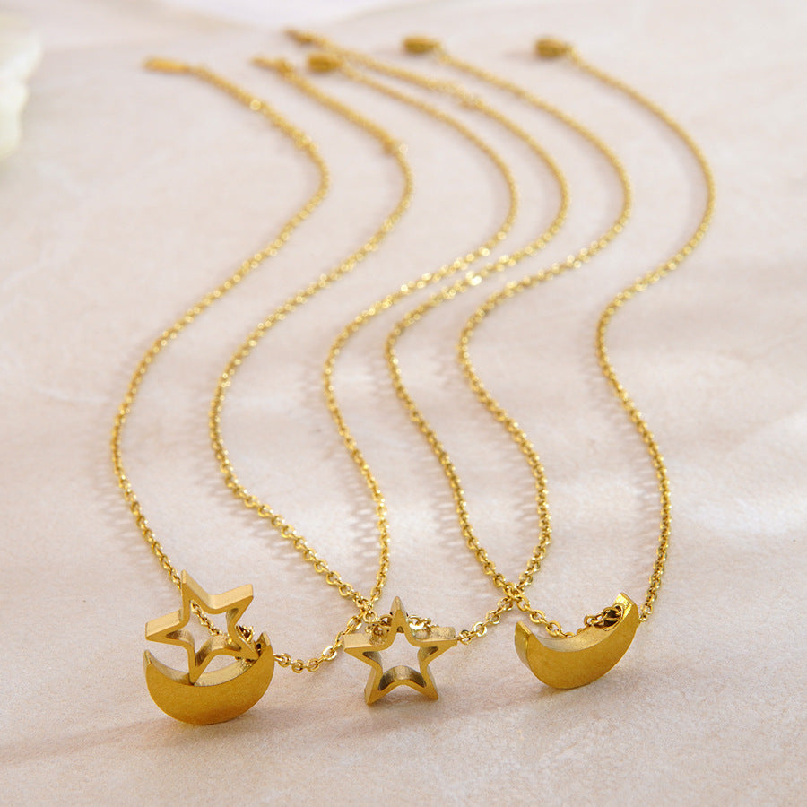 Minimalist Elegant Moon Star Stainless Steel Plated Pendant Necklace and Earring Set for Women